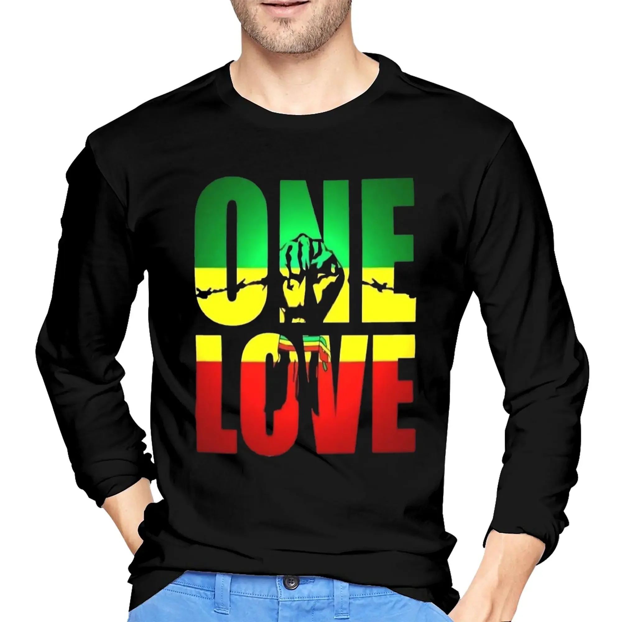 

Harajuku Vintage Style Arts Bob Marley One Love Мужская футболка с длинными рукавами и круглым вырезом Весенние и осенние мужские топы