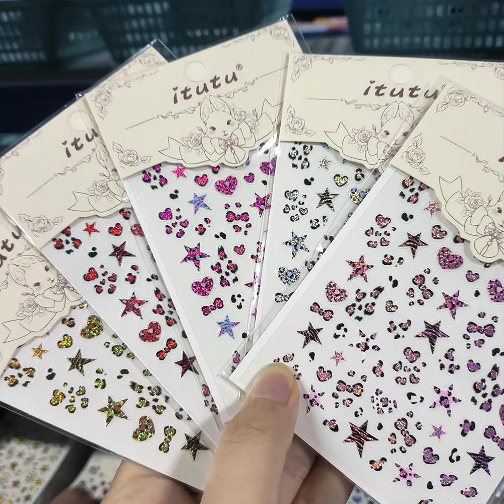 1/2pcs 5D Sexy Leopard Print Star/Heart/Bow Nail Stickers 5-Color Shiny Y2K Stars Self-adhesive Decals Leopard Nail Art Supplies