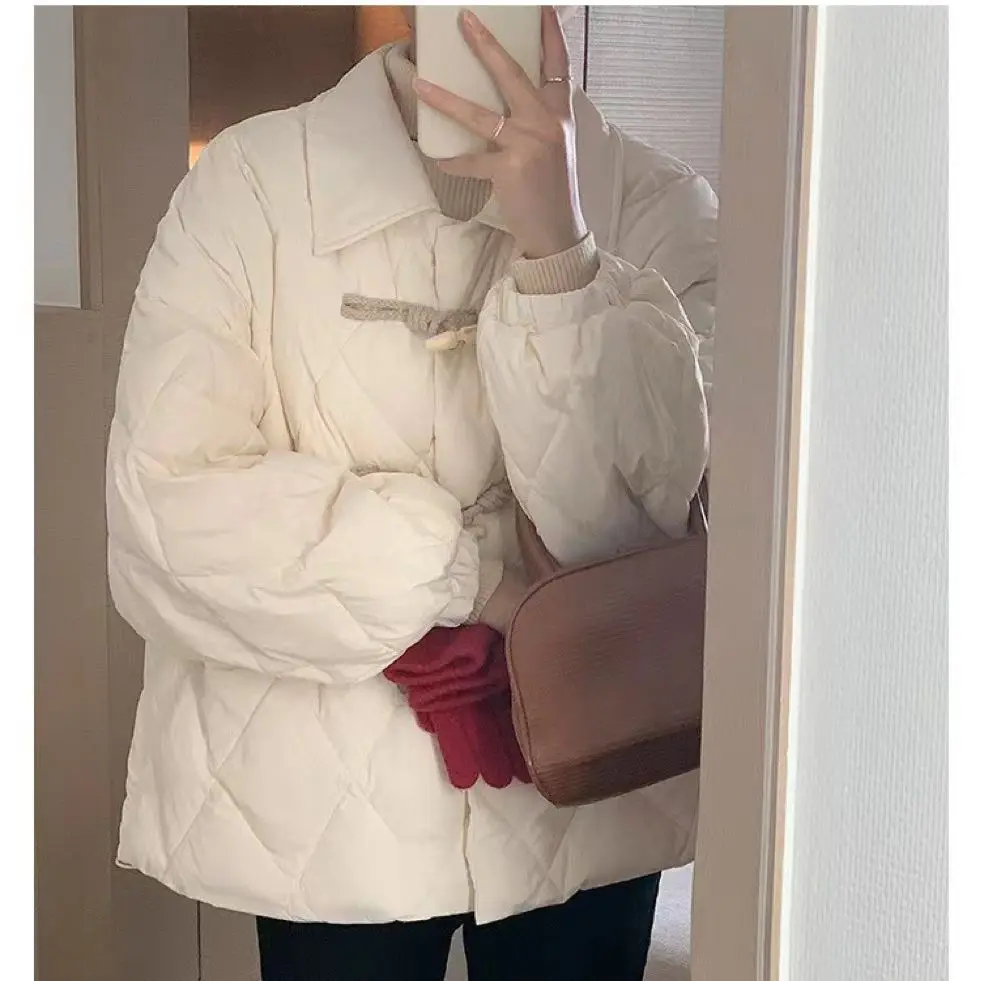 Women's Diamond Lattice Horn Buckle Jacket, Korean Version, Slimming Cover Meat Cotton Coat, Lapel, Diamond, Autumn and Winter