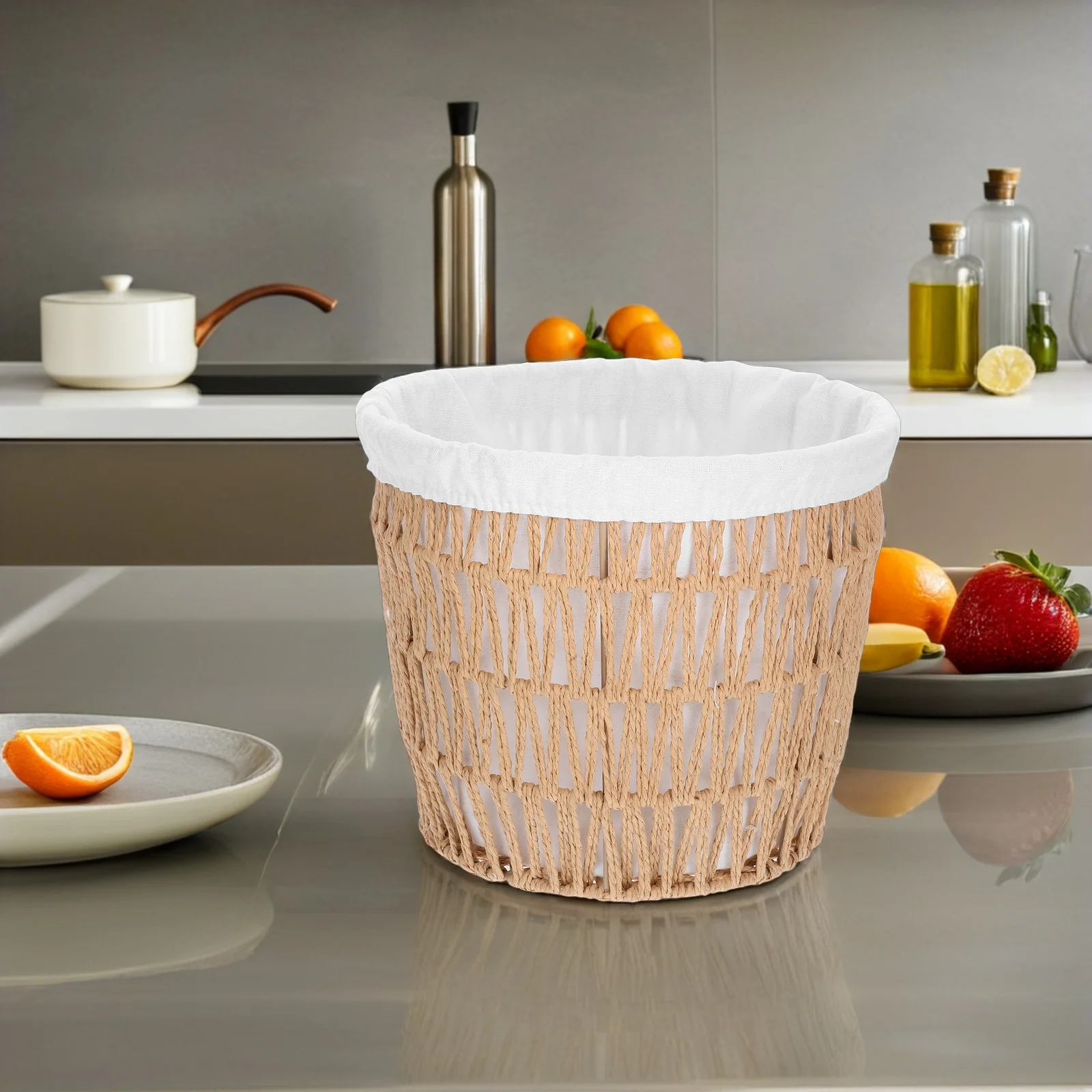 

European Bread Basket Handwoven Paper Rope Storage with Cotton Liner Woven Kitchen Fruit Organizer Serving Tray for Home Use