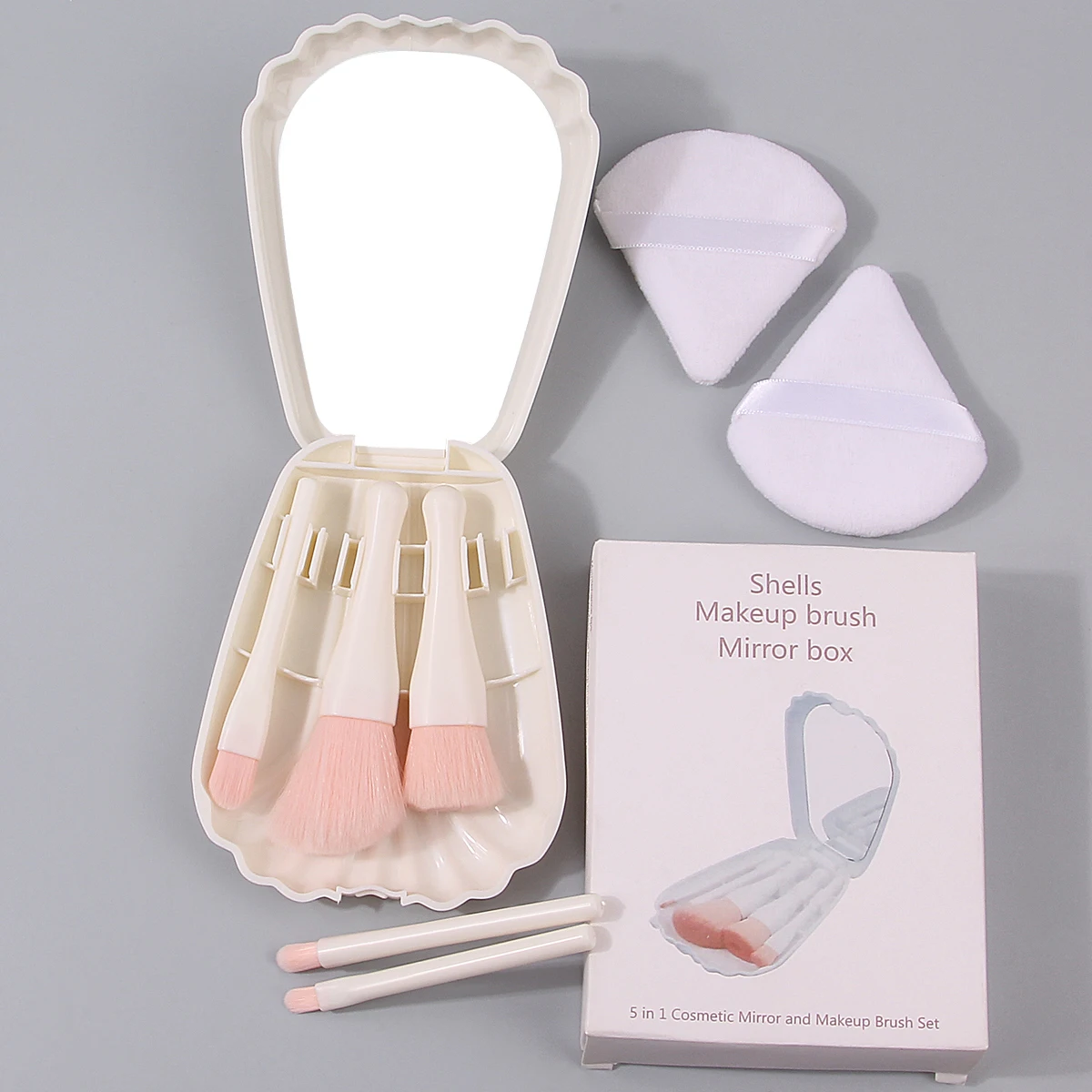 ชุดแปรงแต่งหน้าขนาดเล็กขนนุ่ม 8 ชิ้น & พัฟแป้งทรงสามเหลี่ยมนุ่ม & กล่องเก็บแปรงแต่งหน้ารูปเปลือกหอยพร้อมกระจก