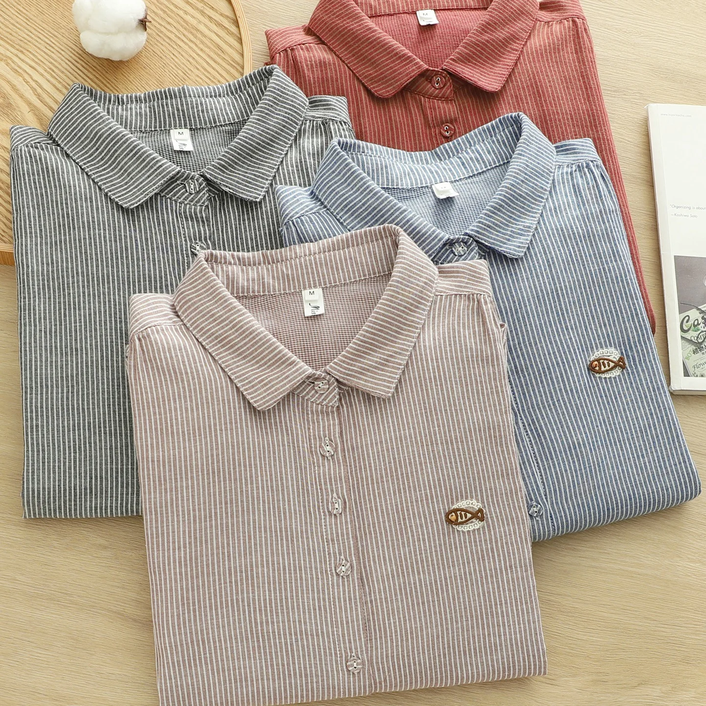 

Высококачественная женская блузка из 100% хлопка, рубашка из хлопковой пряжи, полосатая рубашка с длинными рукавами, женские блузки в японском литературном и художественном стиле