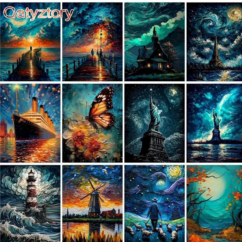 GATYZTORY 60x75cm Painting By Numbers For Adults Moon Starry Sky Landscape Picture Drawing On Canvas Wall Decors DIY Gift