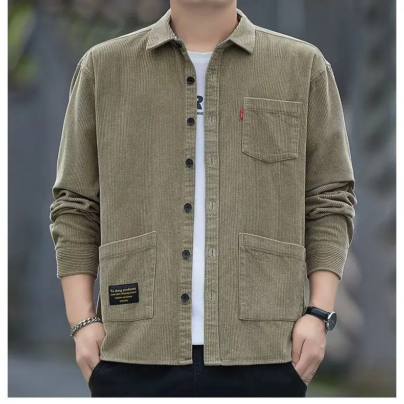 Autumn Thin Corduroy Multi-Pocket Workwear Long Sleeve Casual Style Open Cardigan Loose Men's Square Collar Work Shirt