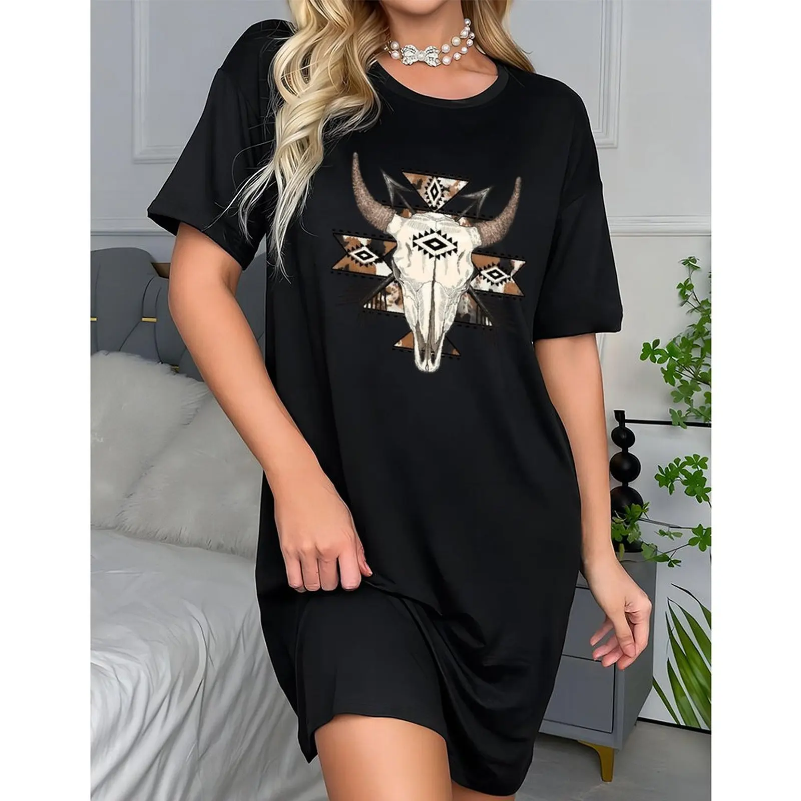 

Women Short Sleeve T-Shirts Oversized Casual West Cowgirl Style Boho Cow Skull Print Tops Summer Woman Clothes O-neck T Shirt