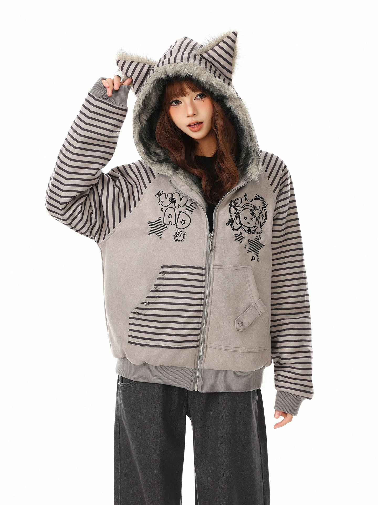 

Женская свободная зимняя куртка Boeax в стиле ретро с мультяшной вышивкой и полосками, новая модель, уличная спортивная повседневная одежда