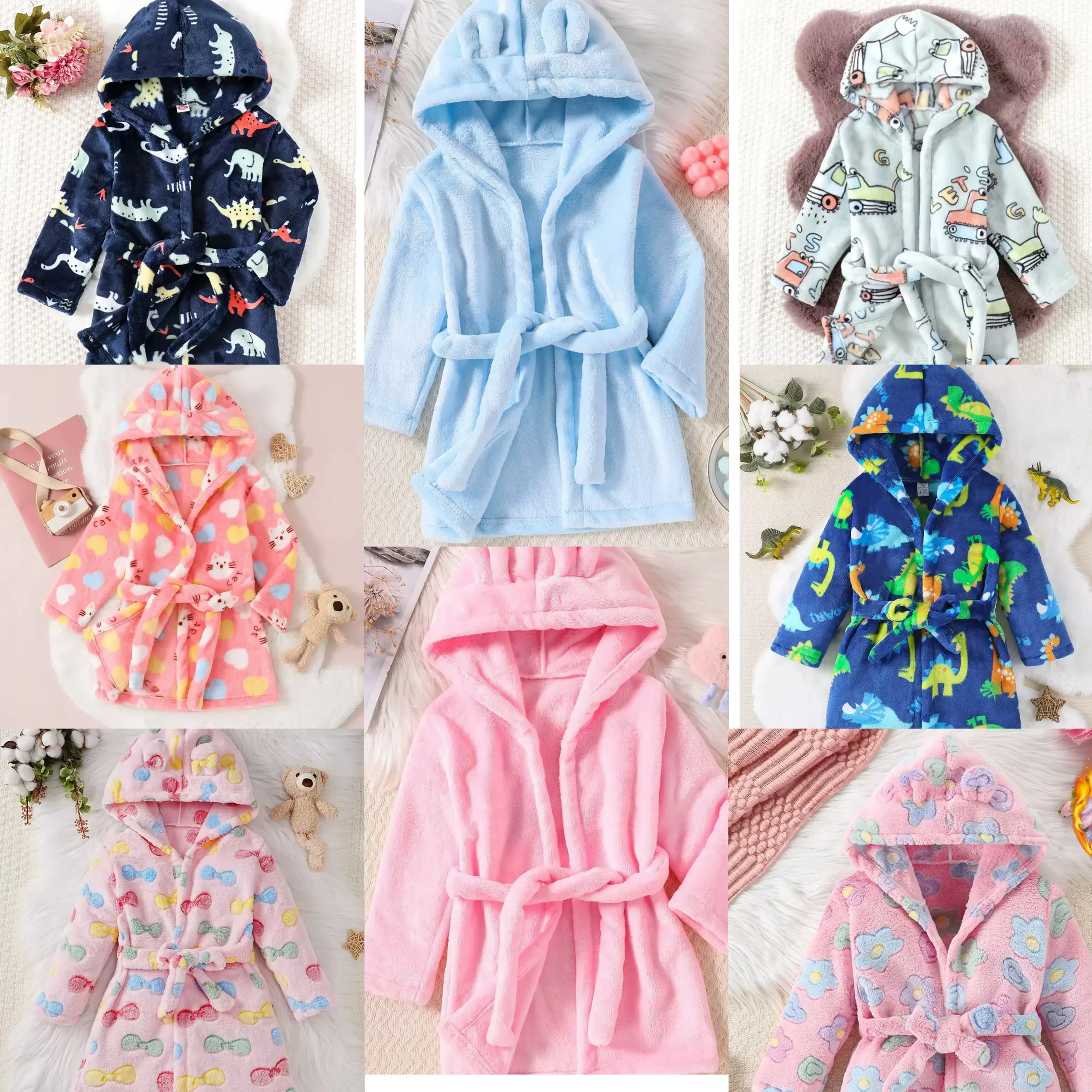 Kids Plush Fleece Bathrobe Toddler Boys Girls Cartoon Dinosaur Rabbit Design Hooded Robe Soft  Children Pajamas Cute Sleepwear