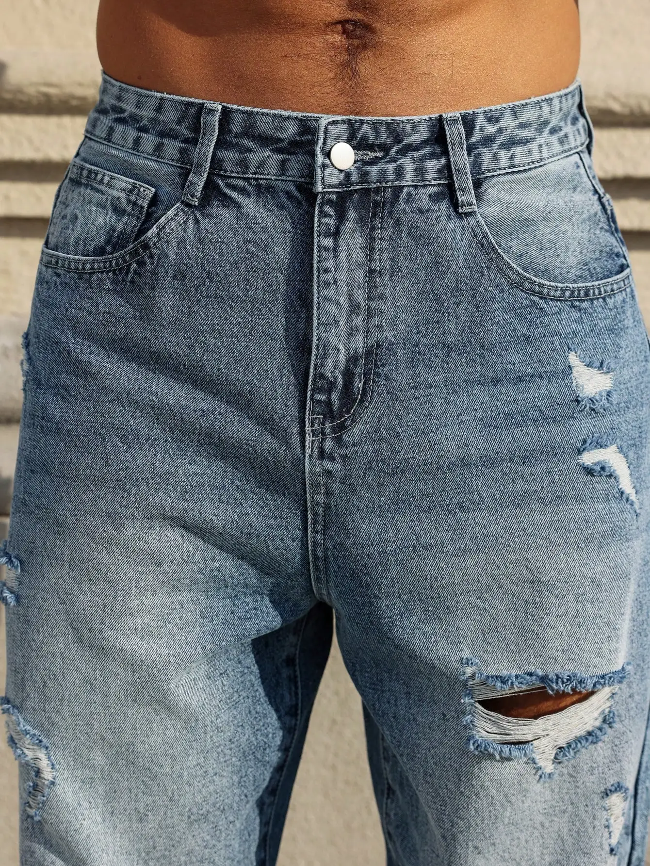Vaqueros rasgados azules para hombre, pantalones de mendigo desgastados retro, pantalones harem sueltos de tendencia callejera