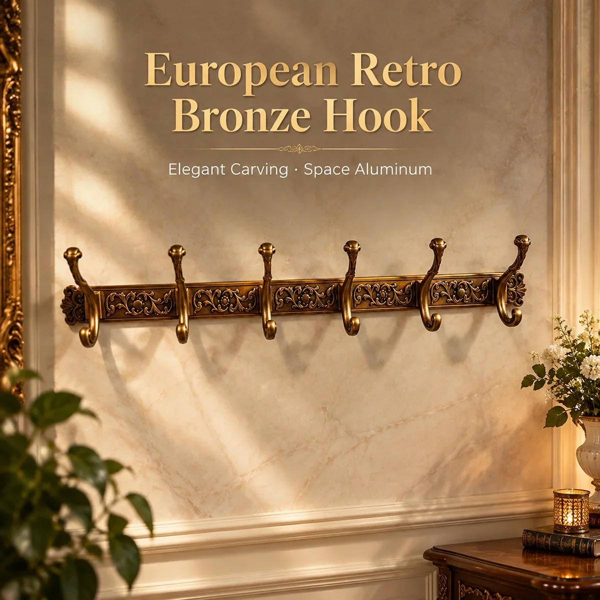 Antique Copper Carved Wall Hanging Hooks European Style Aluminum Alloy 6-Hook Retro Clothes And Hat Hooks for Home Decor