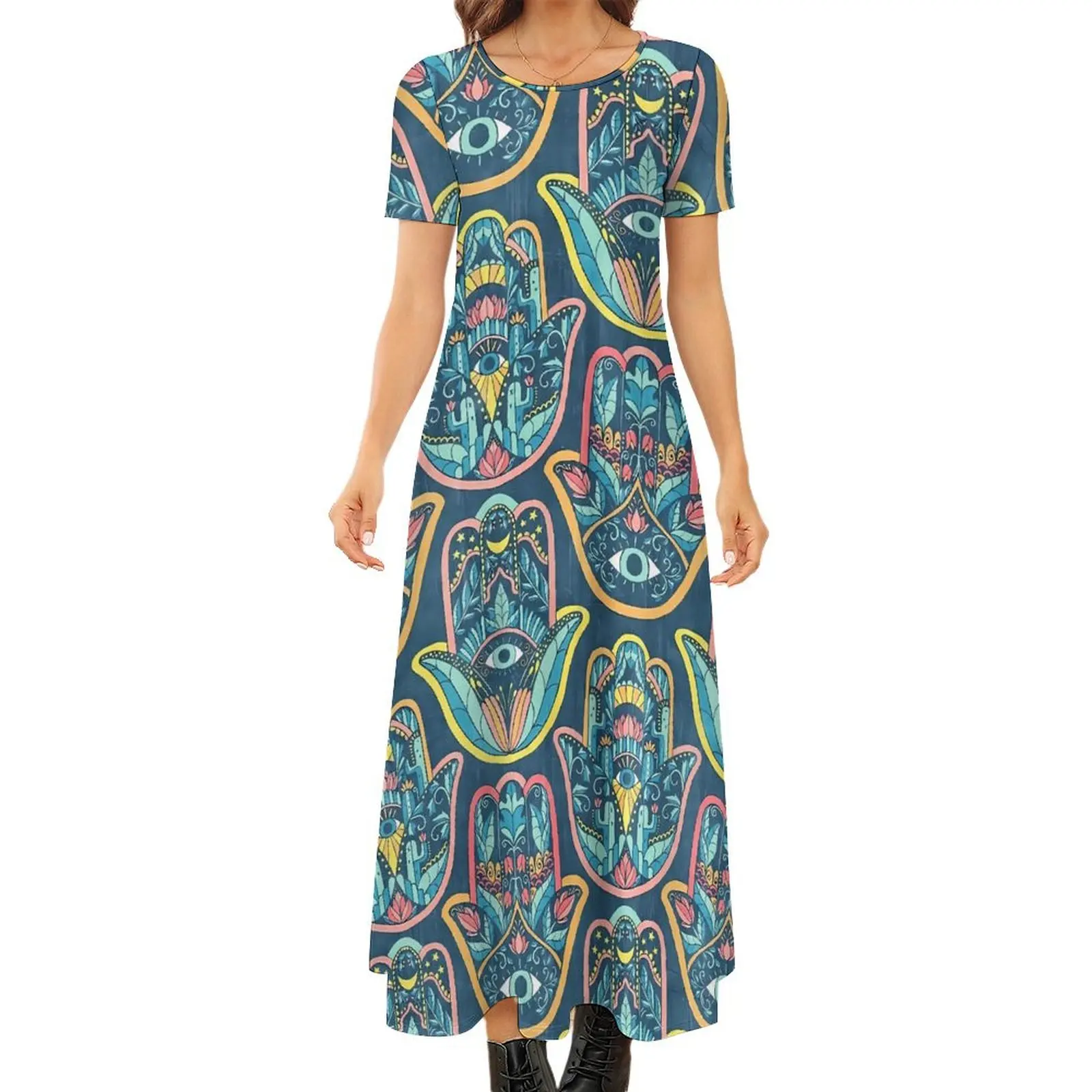 

Hamsa Hand Dress Retro Talisman Vintage Maxi Dress Street Wear Bohemia Long Dresses Female Short Sleeve Big Size Vestido