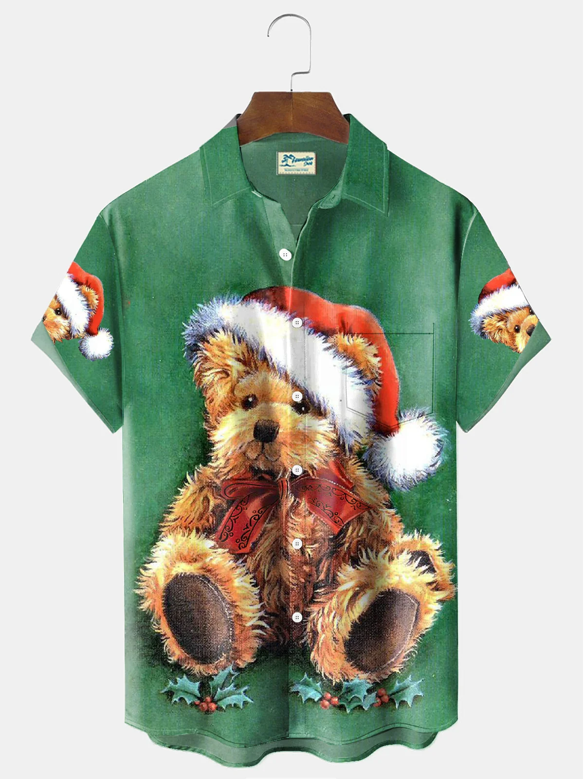 Christmas men's short-sleeved lapel shirt 3d printed bear with Christmas hat print casual comfortable fashion shirt as a gift