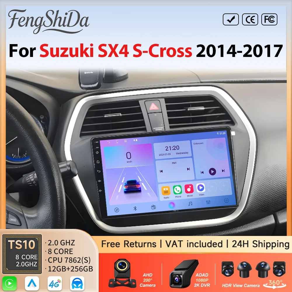 Car Radio Multimedia Player For Suzuki SX4 S-Cross 2014 2015 2016-2017 Navigation BT Carplay Stereo FM 4G WiFi GPS Multimedia 2K
