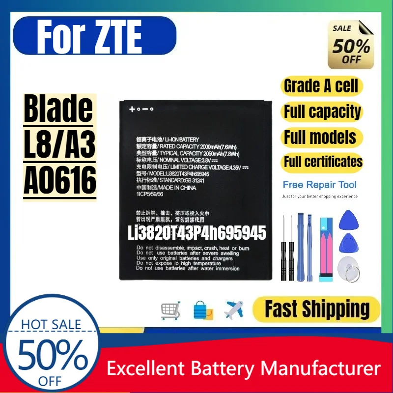 0 Cycle Li3820T43P4h695945 Battery for ZTE Blade L8 A3 Phone High Quality Replacement Battery Lithium Ion Bateria with Tools