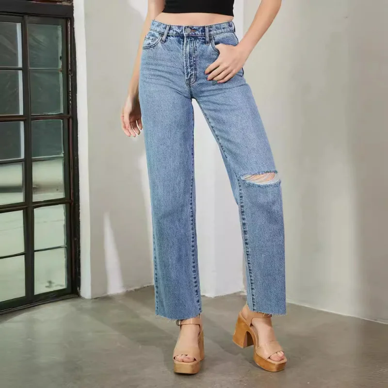 سراويل نسائية مستقيمة الساق على الطراز الأوروبي والأمريكي، سراويل متوترة جديدة أنيقة عالية الخصر، جينز ممزق عصري مغسول