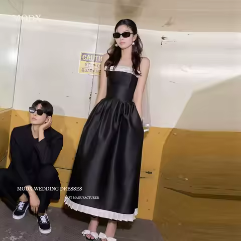 MODX Off Shoulder Black Satin Evening Dress Korean Women Photography Straight and Naked Formal Party Gown Dress Customized