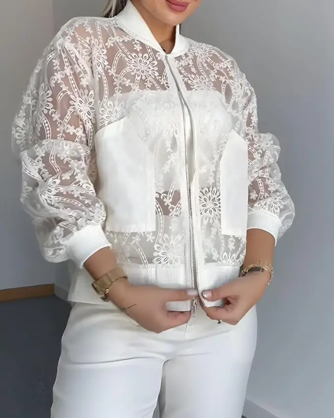 Women's Jacket 2025 New Floral Lace Embroidered Mesh Patchwork High-Low Hem Baseball Coat Casual Side Slit Zip Up Bomber Jacket