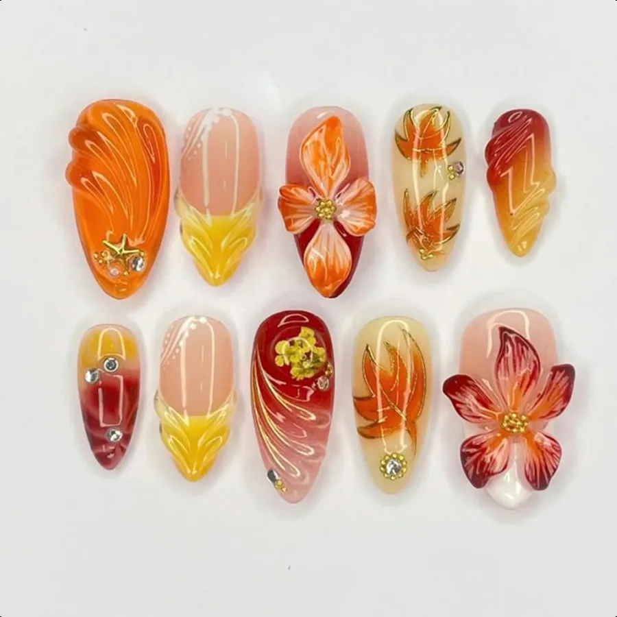 

24Pcs Fall Pr on Nails Medium Almond Fake Nails with 3D Gold Beads Designs French Tip Glue on Nail Autumn Floral Leaf False Nai