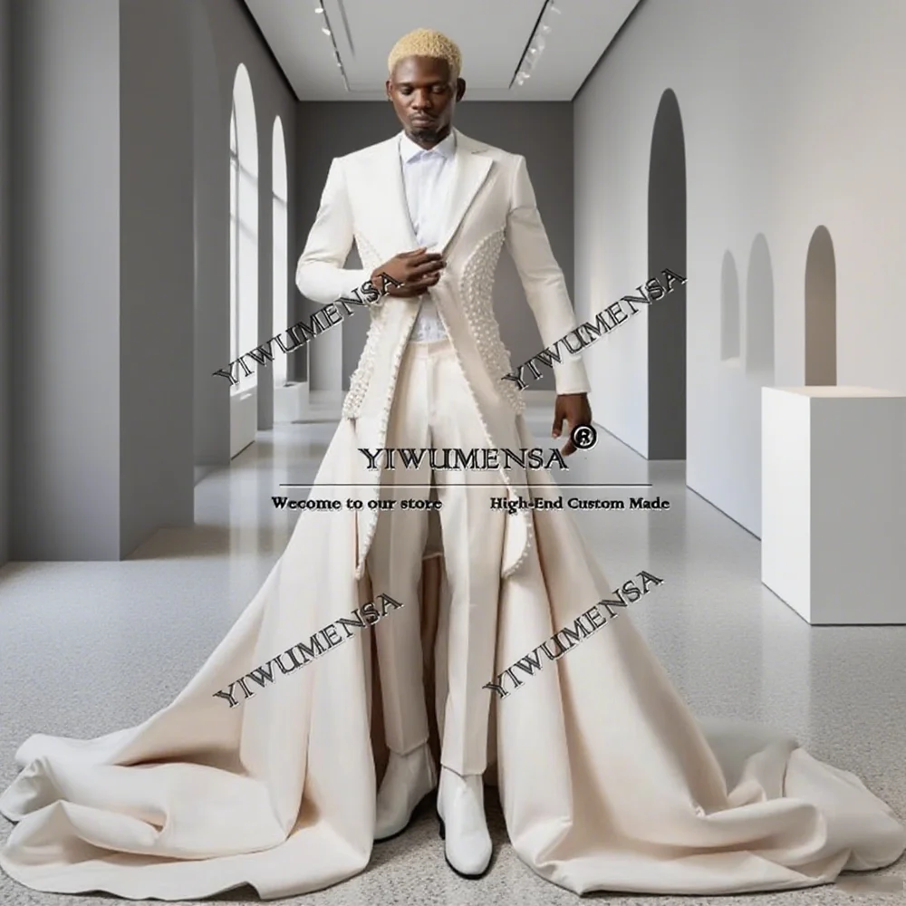 

Designer Wedding Suits For Men Pearls Prom Blazers With Long Cape Customized Groom Tuxedo traje de hombre elegante Banquet Dress