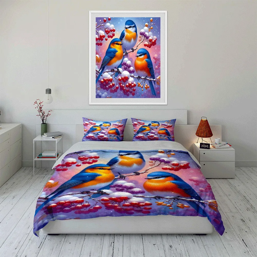 Winter Birds Trio on Snowy Branches Exquisite three-piece bedding set gift for kids and adults