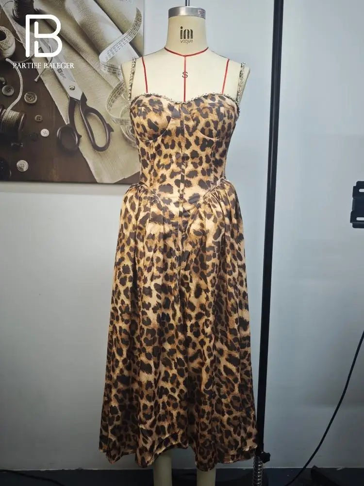 

PB 2025 New Leopard Print Long Dress with Crystal Embellishments Woman Spaghetti-Strap Sleeveless Suspender Dresses Vestidos
