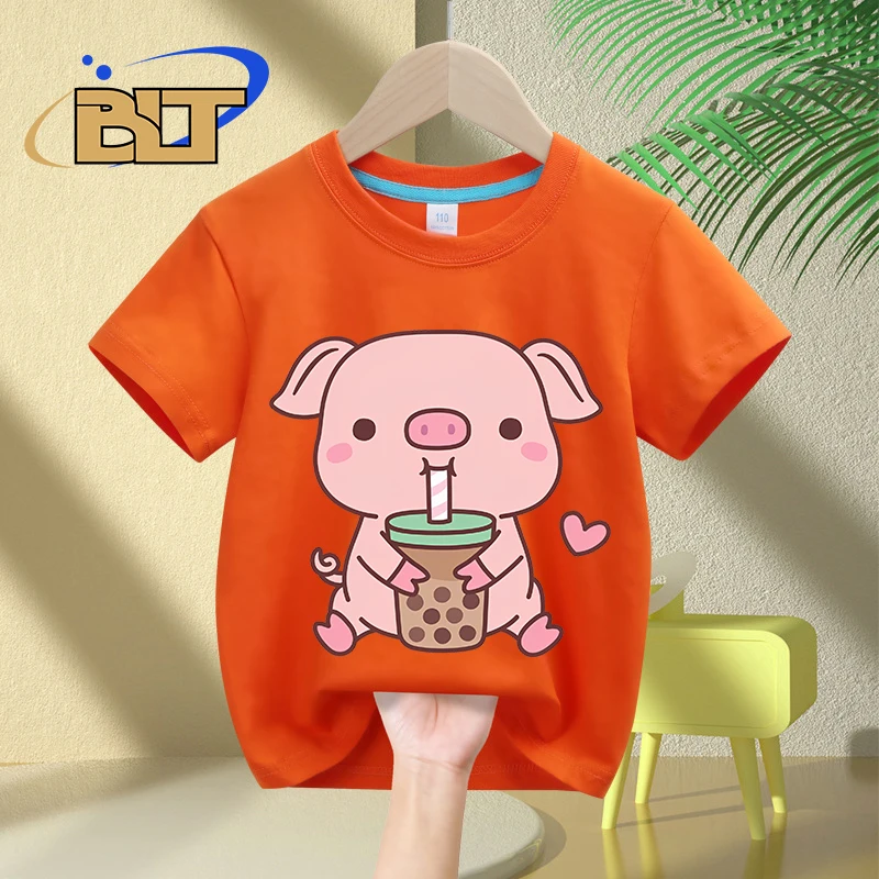 T-shirt de manga curta para menino e menina, top de algodão puro, porco bonito, amor bolha leite chá impresso, casual, verão