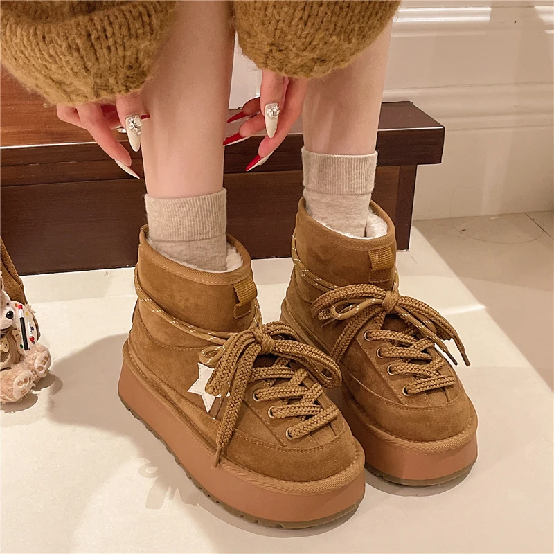 

Women Winter Platform Fur Snow Boots Suede Leather Warm Cotton Ankle Shoes Woman New Trend Short Plush Motorcycle Botas De Mujer