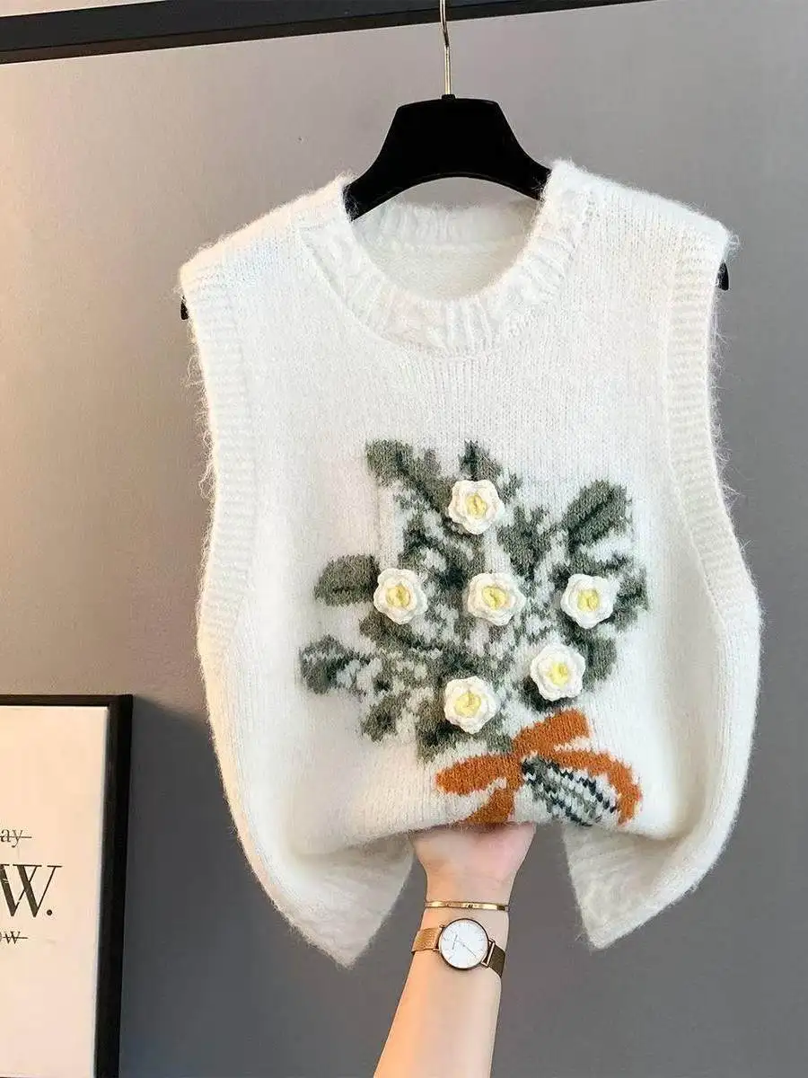 Korean Style Soft Embroidered Flower Sweater Vest Women Overhead Loose Spring Autumn Thick Knitted Top Layered Clothing