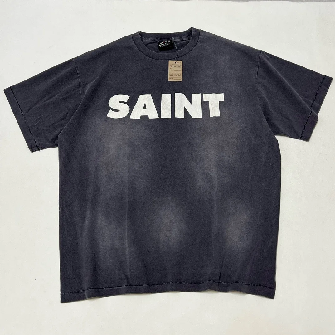 

High Street Saint Mxxxxxx Letter Logo Print T-shirt for Men Washed Vintage Oversized Tee Streetwear Clothing Women's Clothes