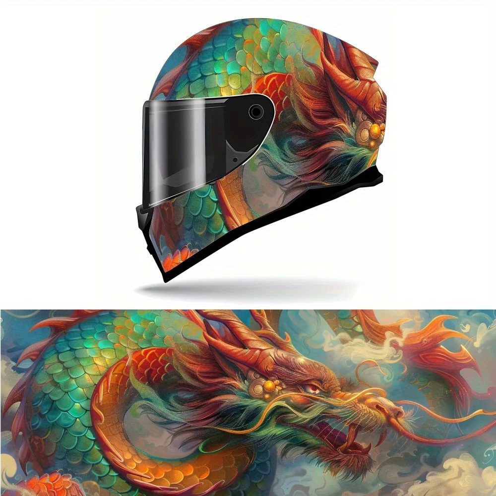 Dragão barbudo dourado em escala verde subindo alegre nos nuvens impressão adesivo envoltório de capacete completo capacete de motocicleta corrida graphi
