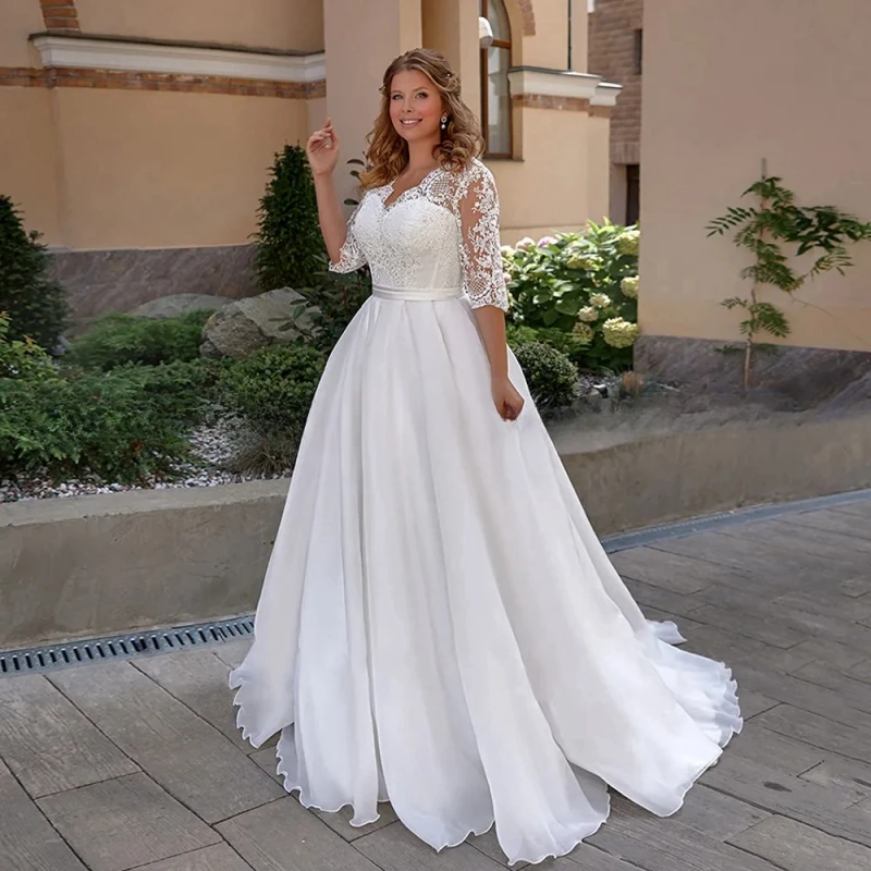 Vestido De novia personalizado De talla grande para novia, media manga, cuello en V, apliques, tren De barrido, línea A, vestido De novia De Organza, bata De novia