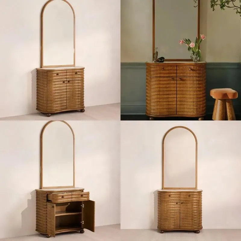 Modern Hand Carved Solid Wood Vertical Dresser Retro Large Capacity Storage with Mirror Eco Friendly