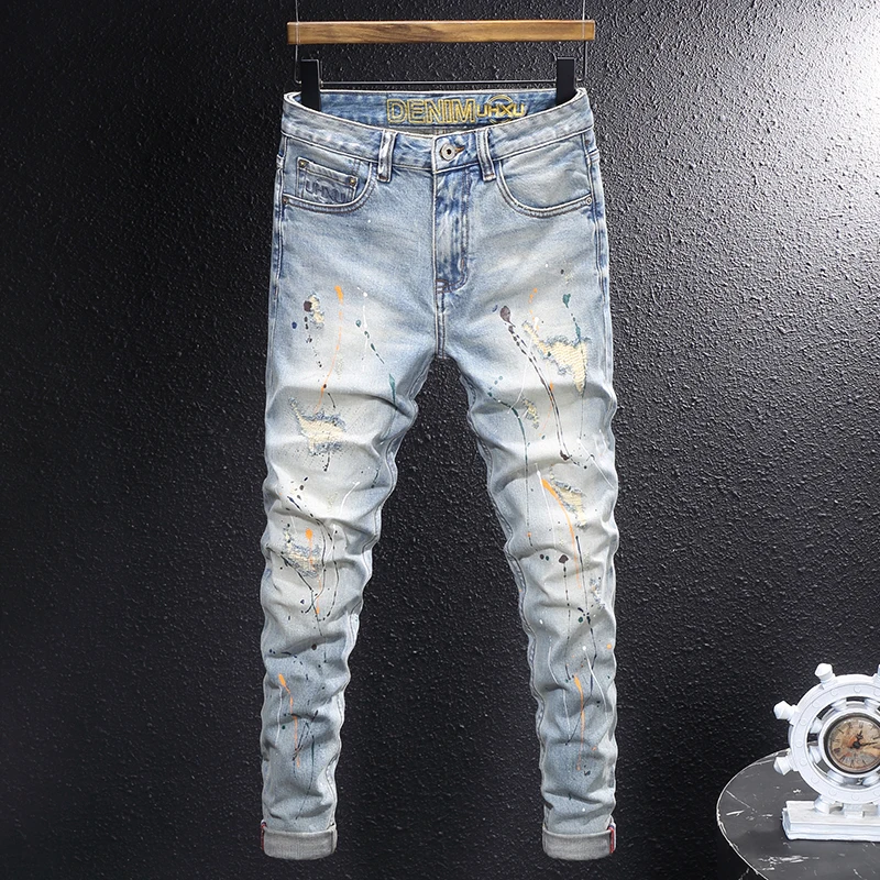 

Designer fashion new jeans scratch washed nostalgic stretch slim fit pleated painted blue jeans high street embroidered pants ho