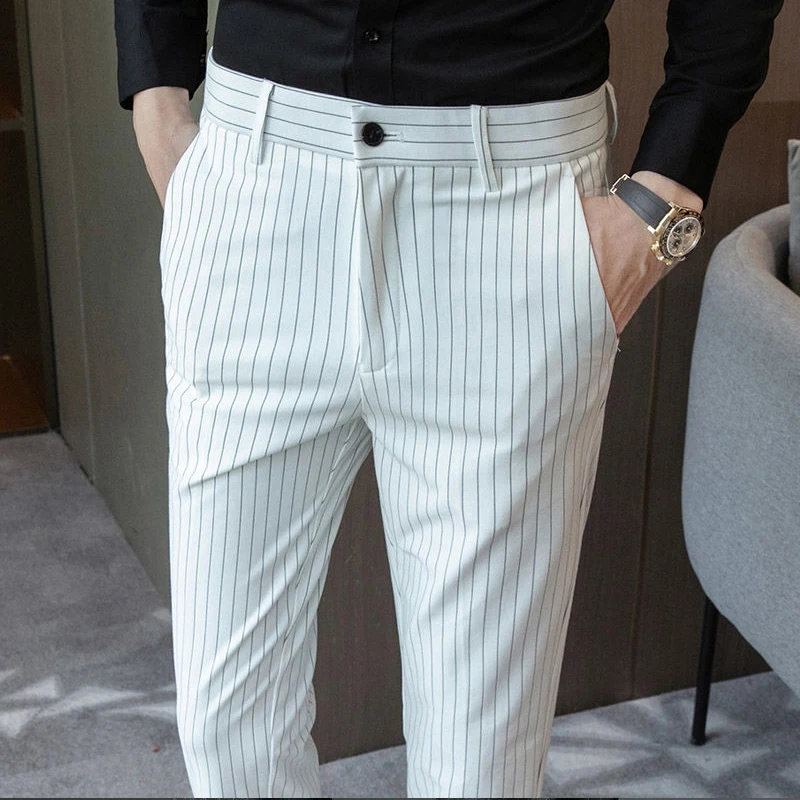 

Slim Fit Men's Busin Casual Pants Drapey Stripe Straight Leg Trousers Faion Urban Korean Sle Summer Long Pants