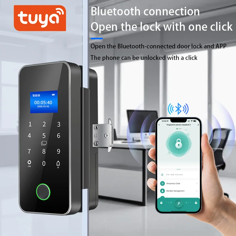 Smart Door Lock Fingerprint Glass Door Remote Control Tuya APP Card Digital Code Electronic Suitable offices view 6