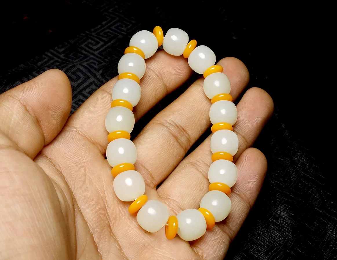 Fine Jewelry Natural Hetian Nephrite Jade Men's and women's Hotan Jade White Jade Old style Bead Barrel Bead Hand String