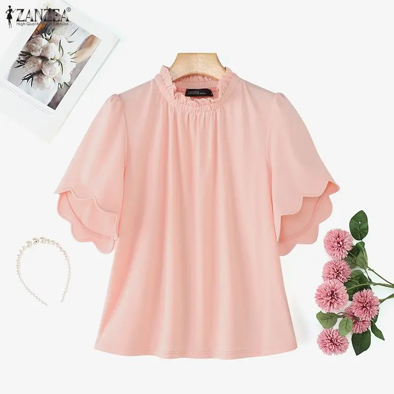 

2026 ZANZEA Summer Elegant Short Ruffled Sleeve Blouse Women Tops Stylish Flounce Work Shirt Casual Solid Holiday Tunic Mujer