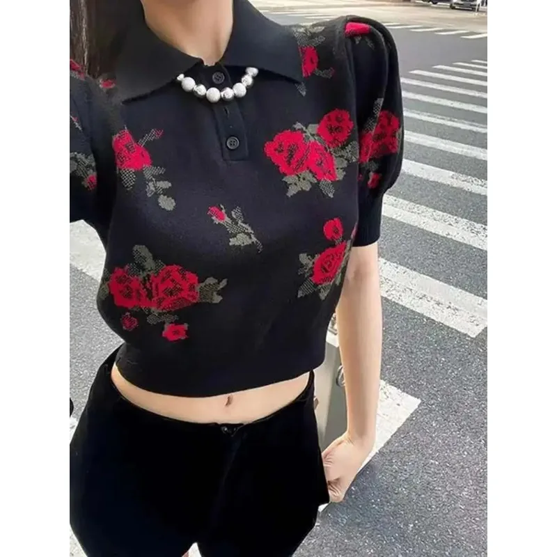 Spring Summer Women Vintage Flowers Turn Down Collar Short Sleeve Knitted Pullover Crop Top Black Sweater Tops Korean