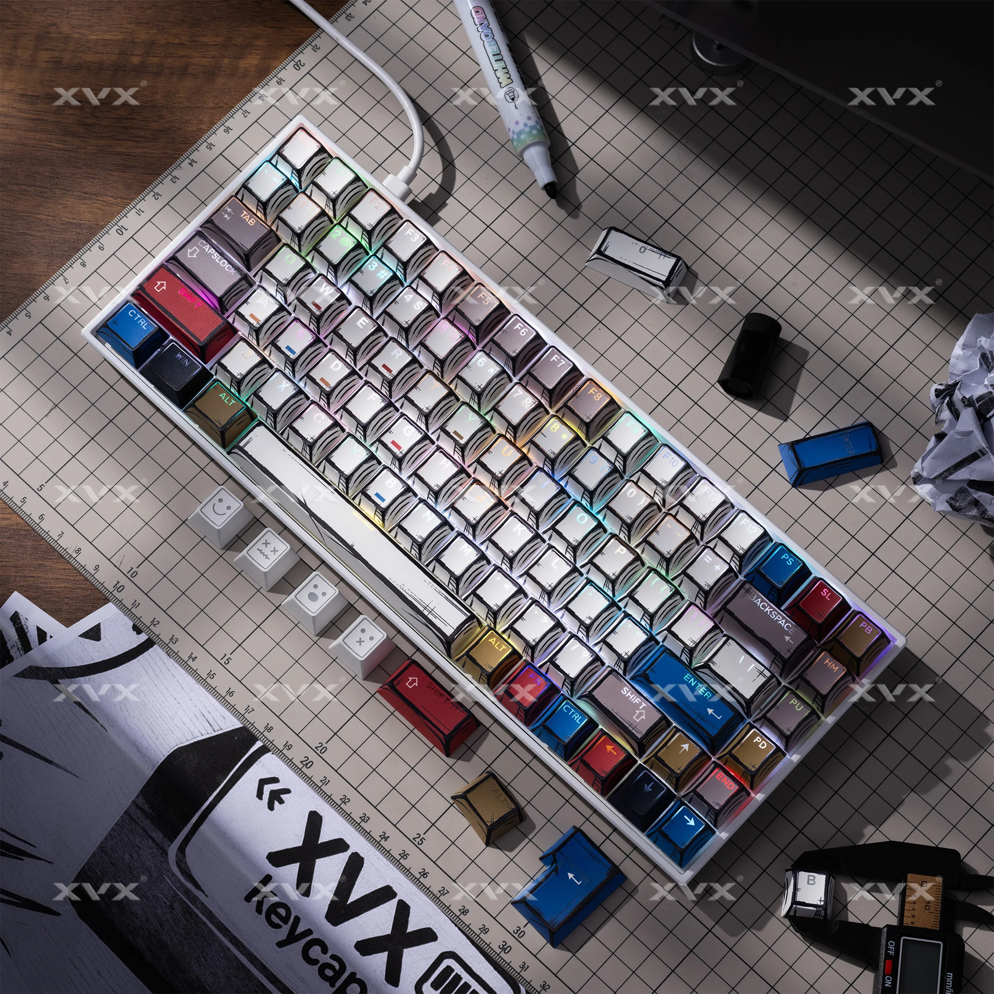 XVX Comic PRISM Shine-Through Double Shot Cherry Profile PBT Keycap Set 142-key, bardziej odpowiedni dla klawiatur LED z podświetleniem od góry.