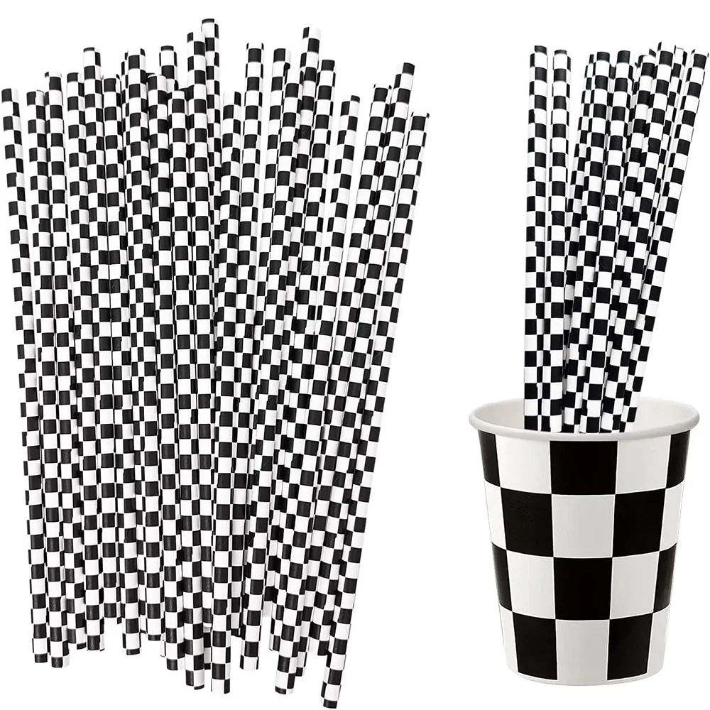 10/20/30/50/100pcs Black and White Grid Pattern Paper Straws Kids Racing Car Theme Birthday Party Baby Shower Decor Supplies