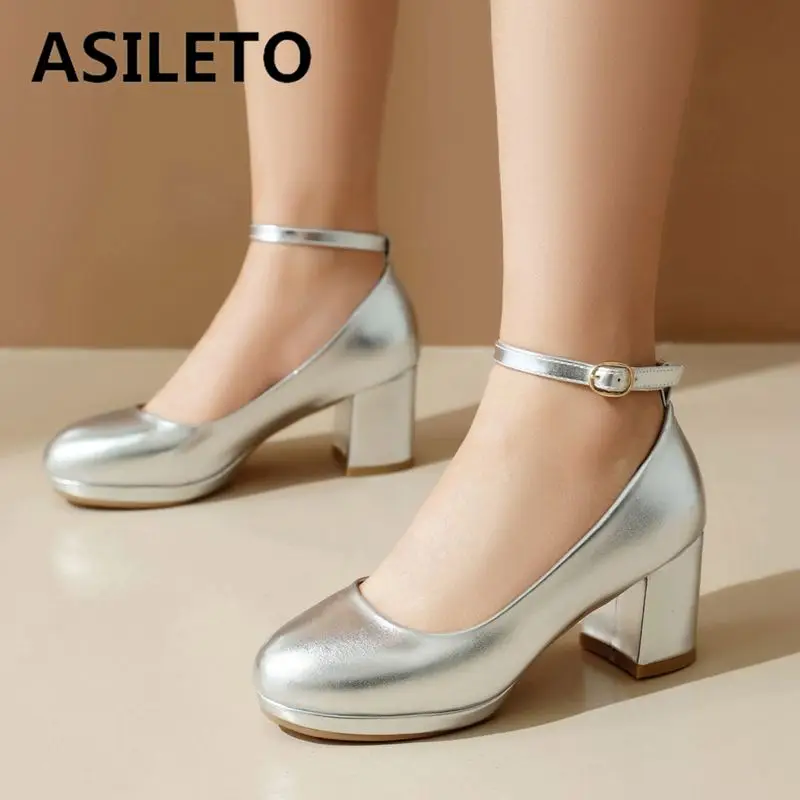 

ASILETO Female Pumps 30 31 Round Toe Block Heels 6cm Platform 2cm Buckle Strap Big Size 43 Elegant Party Wedding Shoes Spring