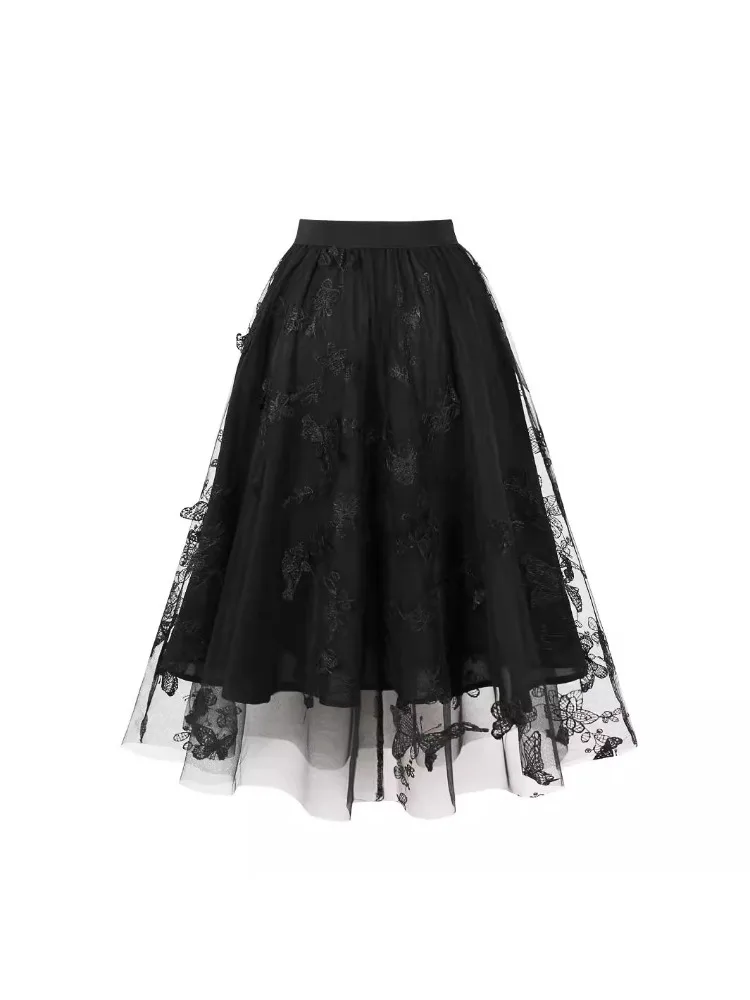 New high waist and thin A-shaped lace butterfly fairy mesh medium and long skirt women's skirt