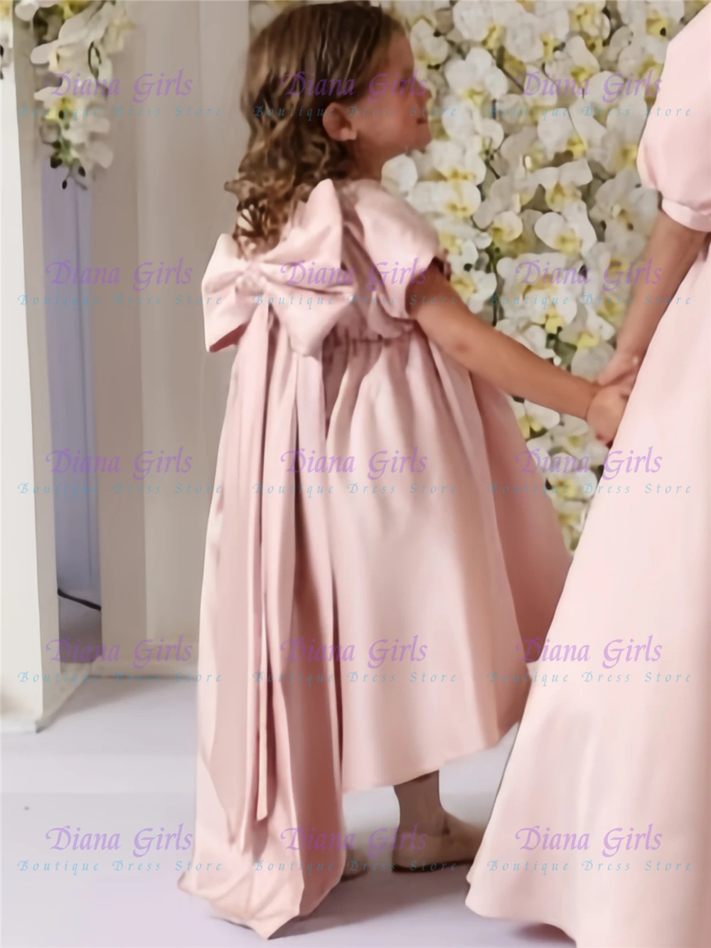 Elegant Flower Girl Dress Quality Pink Satin Fluffy Big Bow for Kids Wedding Birthday Party Evening Ball Gowns Customisable