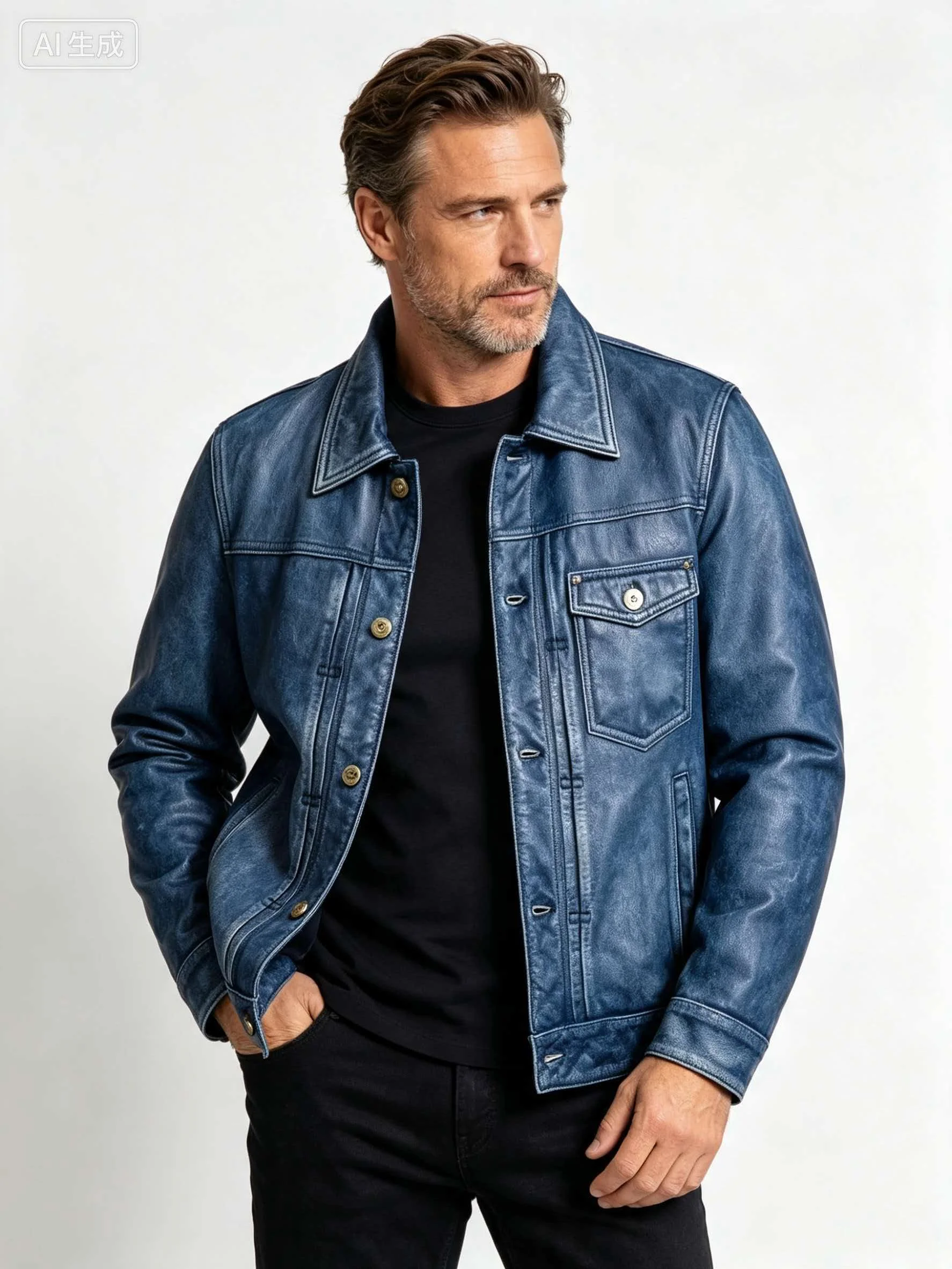 Vintage Washed Blue Cowhide Leather Jacket Men Trucker Style Snap Button Short Coat Denim-Look Motorcycle Street