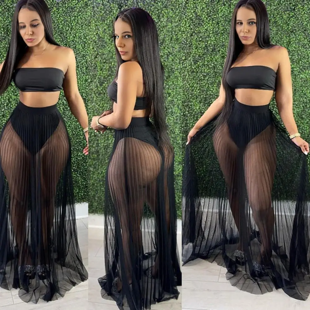 3Pcs/Set Vest Skirt Set Sexy Bandeau Tops High Waist Briefs Mesh Pleated Long Skirt Set Mesh Pleated Skirt Women Two-piece Set