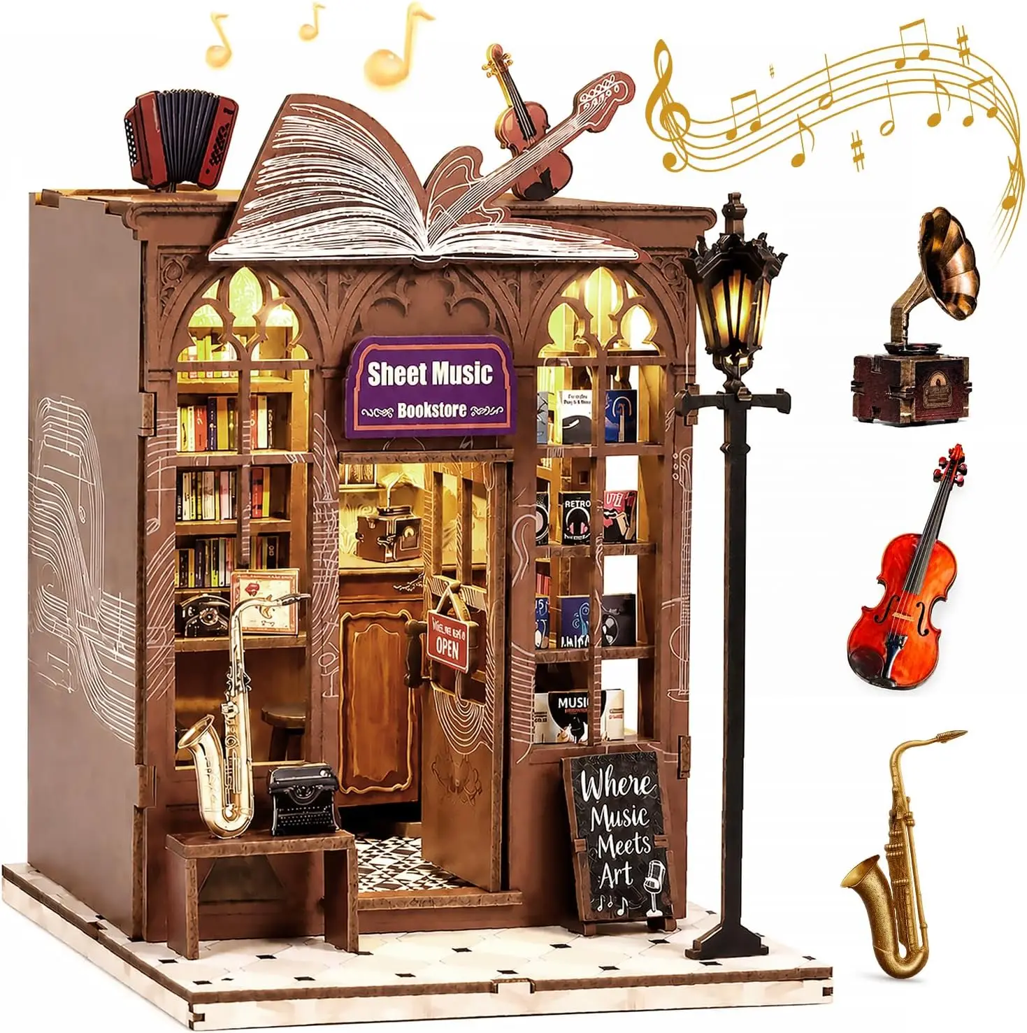 Book Nook Kit DIY Miniature House with LED Lights & Music Box, 3D Wooden Puzzle Bookshelf Insert for Adults, Double Door Mini Do