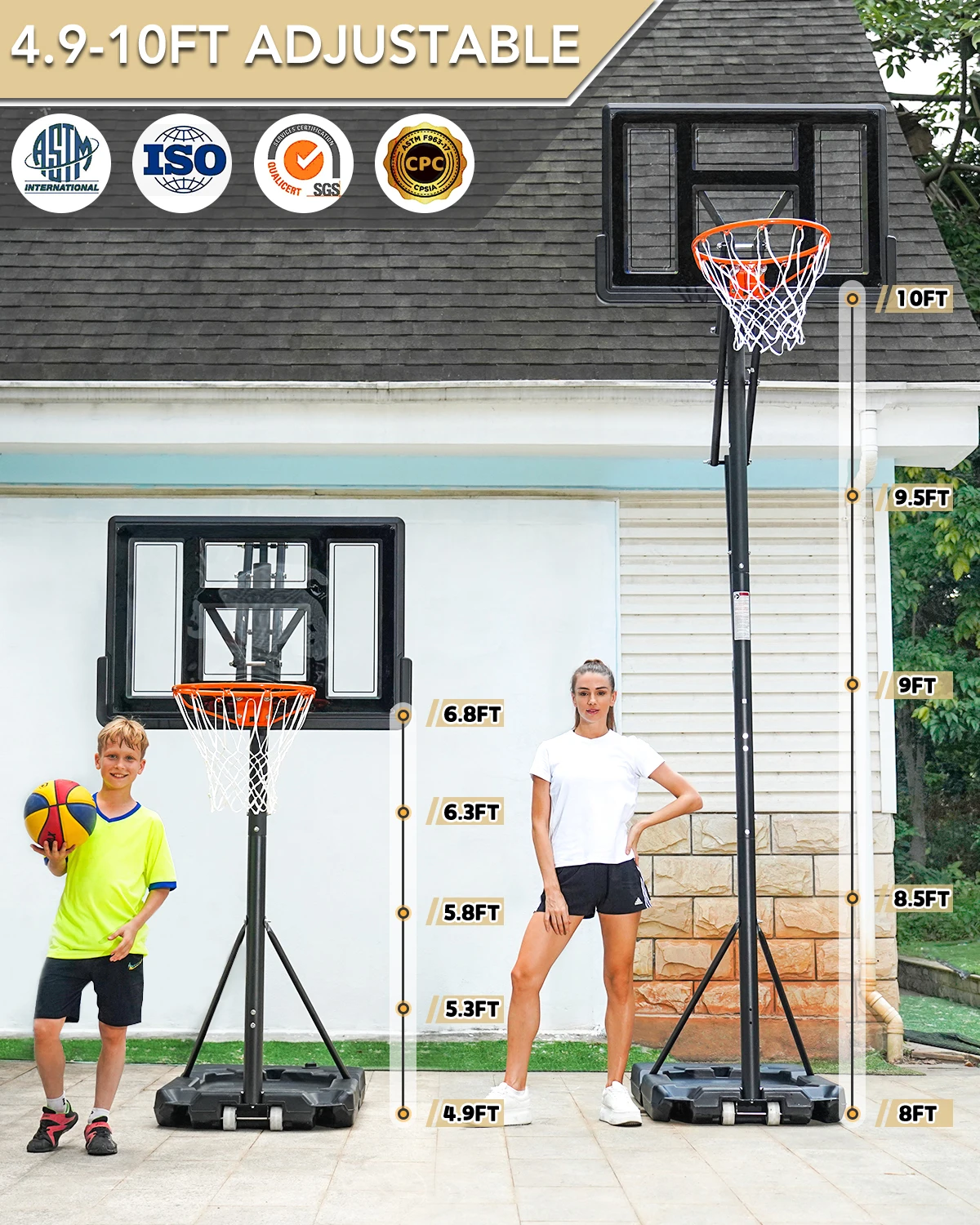  Portable Basketball Hoop Quickly Height Adjusted 4.9-10ft Outdoor/Indoor Basketball Goal System With 44 Inch Backboard And Whee