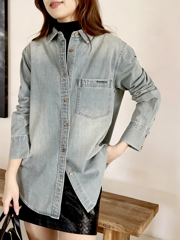 

Wearable Vintage Sle Denim irt Soft Flexible Fabric Long Sve Cotton Women's Slim Fit irt Wear Resistant Flexible Denim