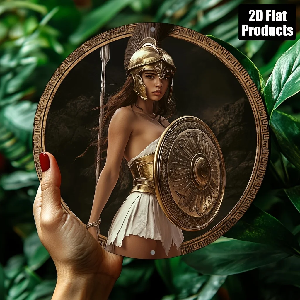 2D flach, 2D-Flachdruck, 1 Stück, rundes dekoratives Metallschild aus Aluminium, griechisches Kriegerfrauenthema, geeignet für Bar, Küche, Café, Zuhause