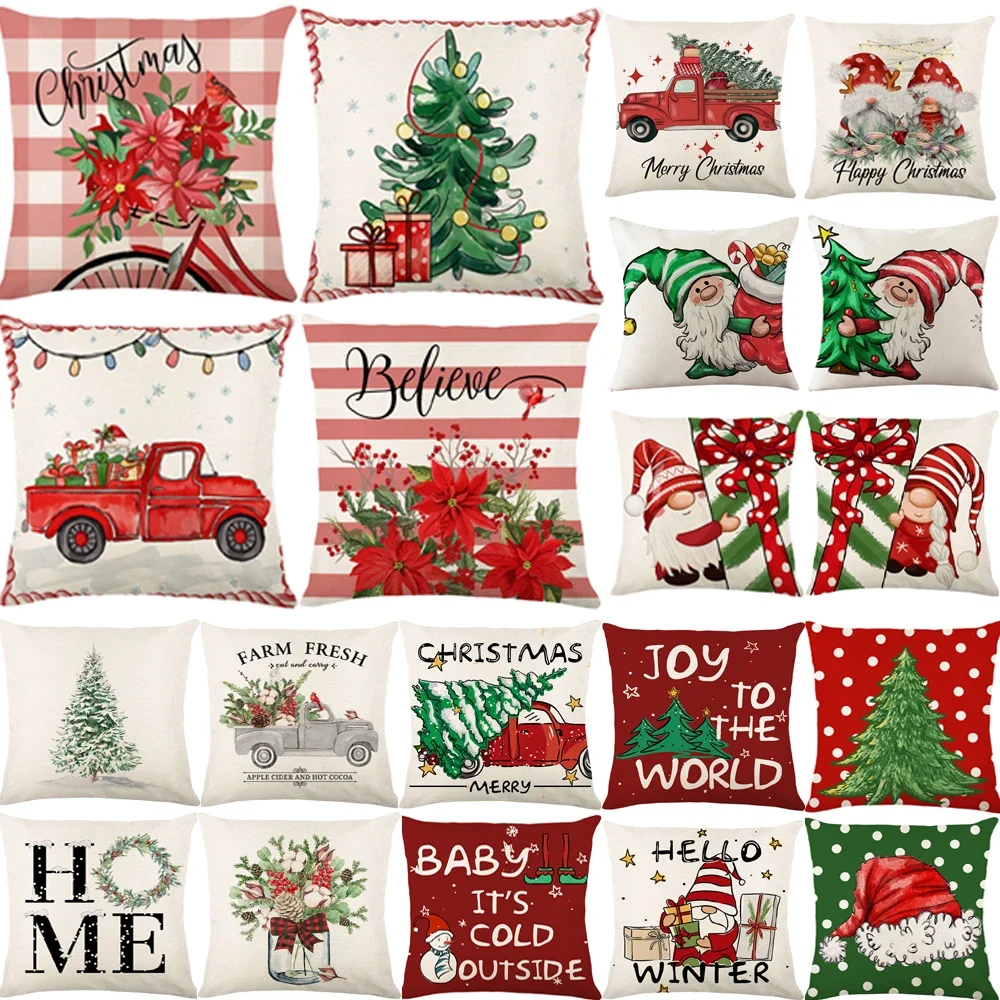 Christmas Cushion Cover 18x18 Inches Xmas Throw Pillow Covers Christmas Tree Red Trucks Print Pillowslip Home Decor Pillowcase