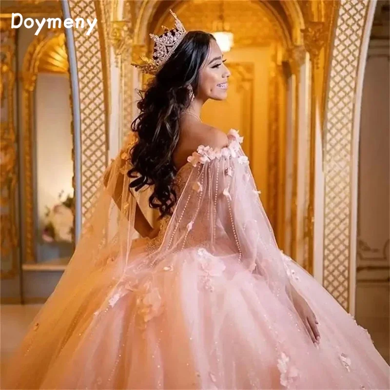 Doymeny owijana sukienka na Quinceanera z odkrytymi ramionami 3D kwiaty bez rękawów suknia wieczorowa słodka sukienka 16 Vestido 15 Anos Festa